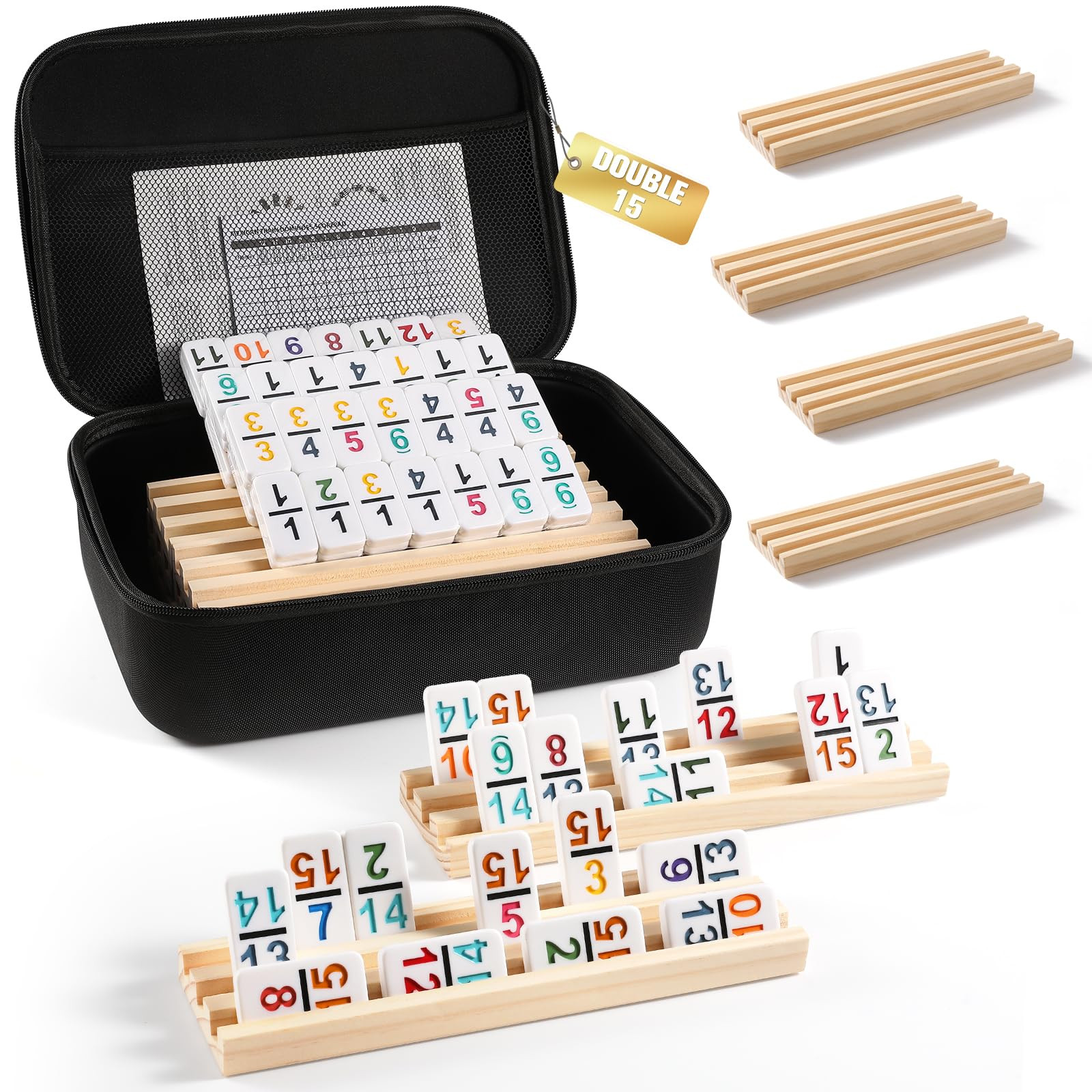 Mexican Train Dominoes Set with Numbers and 8 Wooden Trays/Racks, Double 15 Dominos Travel Set wi... | Amazon (US)