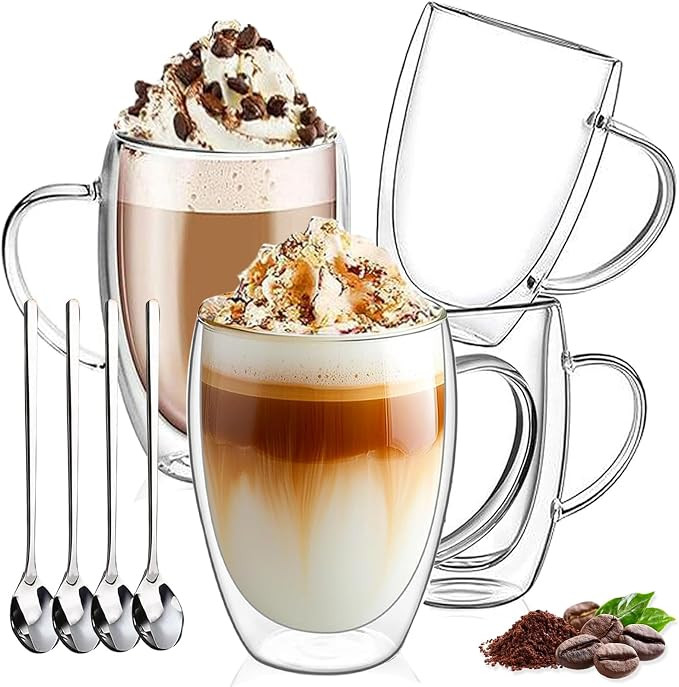 DINGPAl 15 oz Double Walled Glass Coffee Mugs, Set of 4 Large Double Wall Layer Coffee Mug Insula... | Amazon (US)