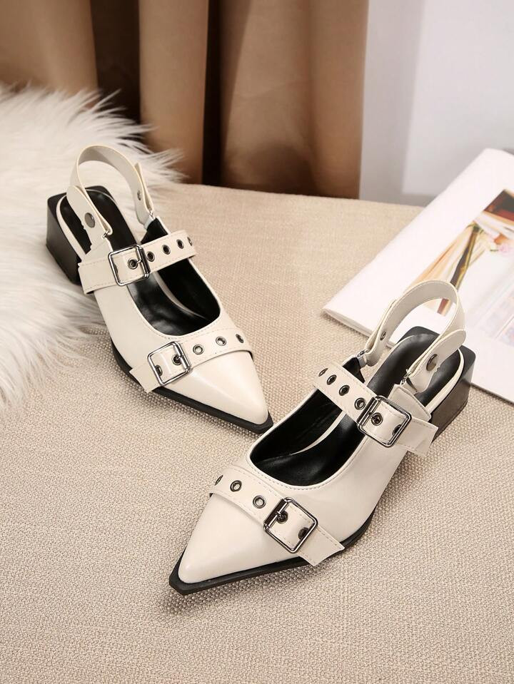 Women Retro Square Toe Mary Jane Shoes With Chunky Heels, Studded Strap Design, Low-Heeled Pumps For Ladies | SHEIN