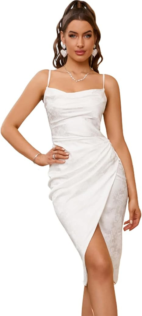 HTZMO Women's Satin Slip Dress Cowl Neck Backless Ruched Bodycon Sexy Club Midi Dresses | Amazon (US)