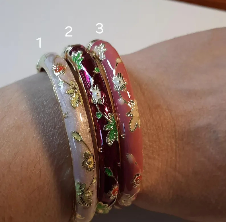 bracelet jonc rigide vintage à ressort email coloré motif petites fleurs cadeau anniversaire f... | Etsy (US)