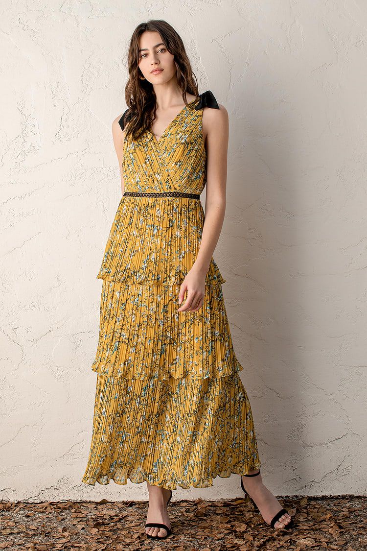 Such Sophistication Yellow Floral Print Pleated Maxi Dress | Lulus