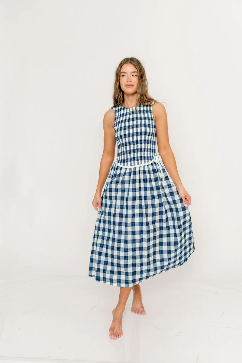 Margaret Gingham Midi Dress in Navy | Worth Collective