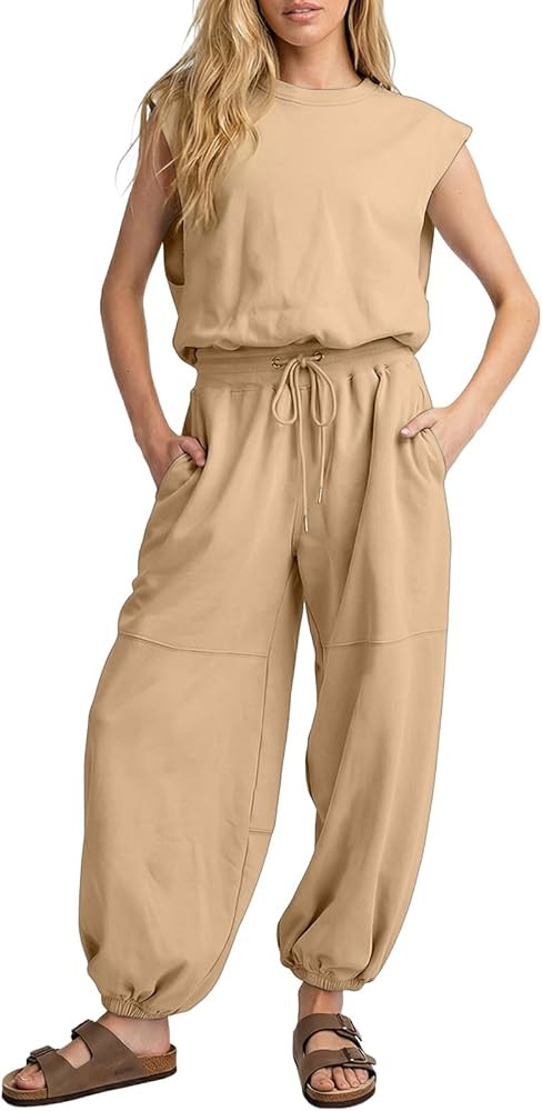 Womens Casual Jumpsuit Crewneck Cap Sleeve Long Wide Leg Pants One Piece Outfits Drawstring Rompe... | Amazon (US)