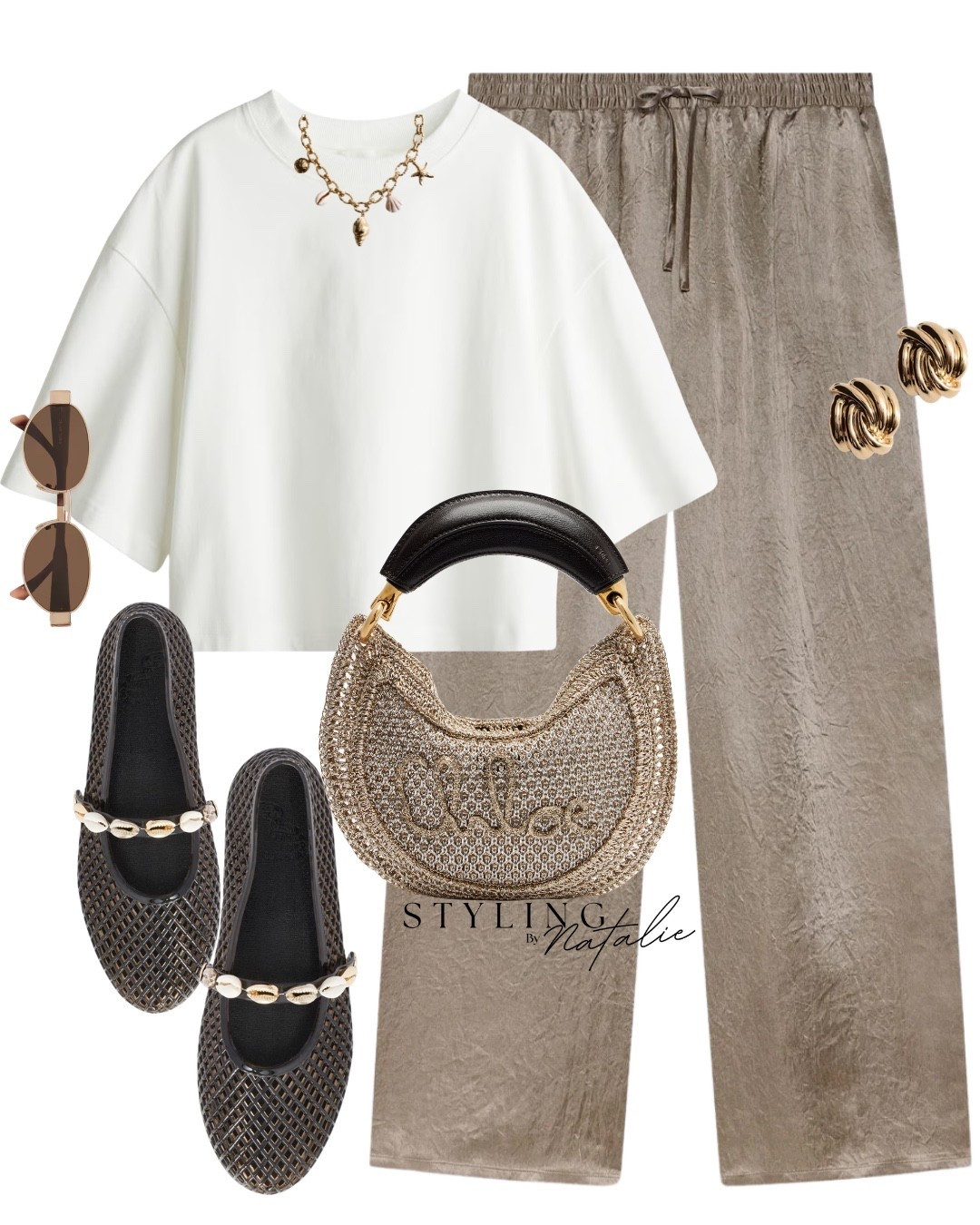 Elevated casual chic spring summer look- Metallic wide leg satin trousers, cropped t-shirt, jelly woven Greek sandals, crochet Chloe handbag, sea shell necklace and gold accessories. London style, date night outfit, summer look

#LTKdatenight #LTKsummer #LTKuk