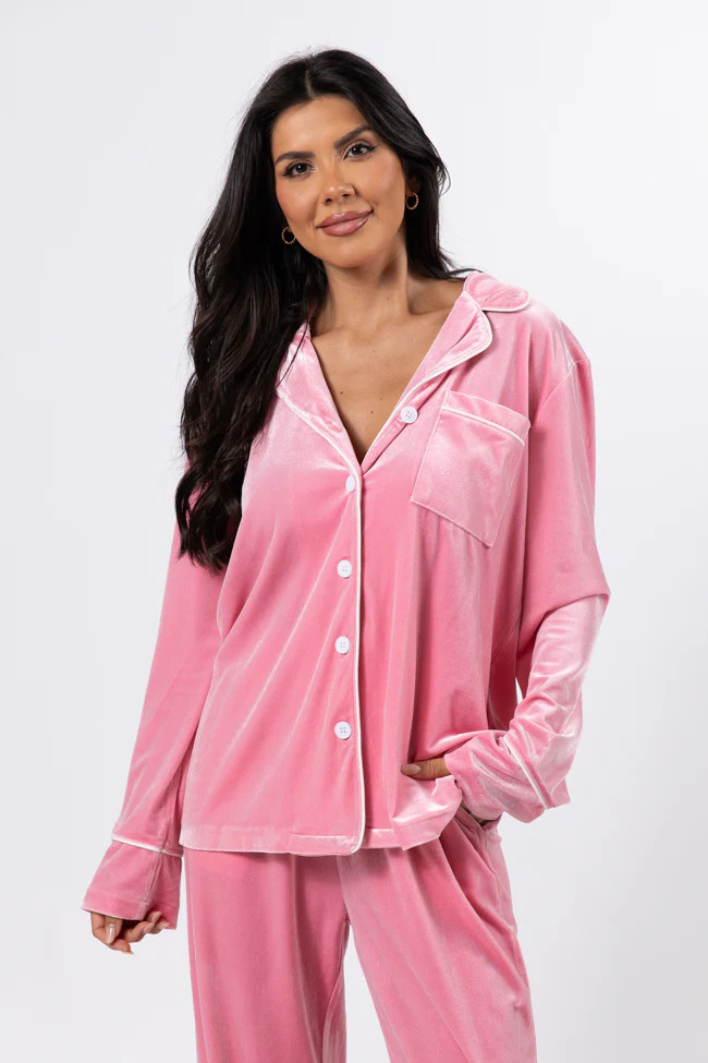 Asking Again Pink Velvet Button Front Lounge Top | Pink Lily