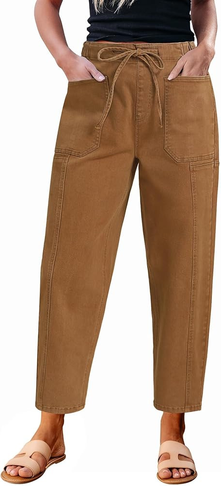 luvamia Barrel Jeans Women Trendy High Waisted Pull On Drawstring Elastic Waist Stretchy Denim Ba... | Amazon (US)