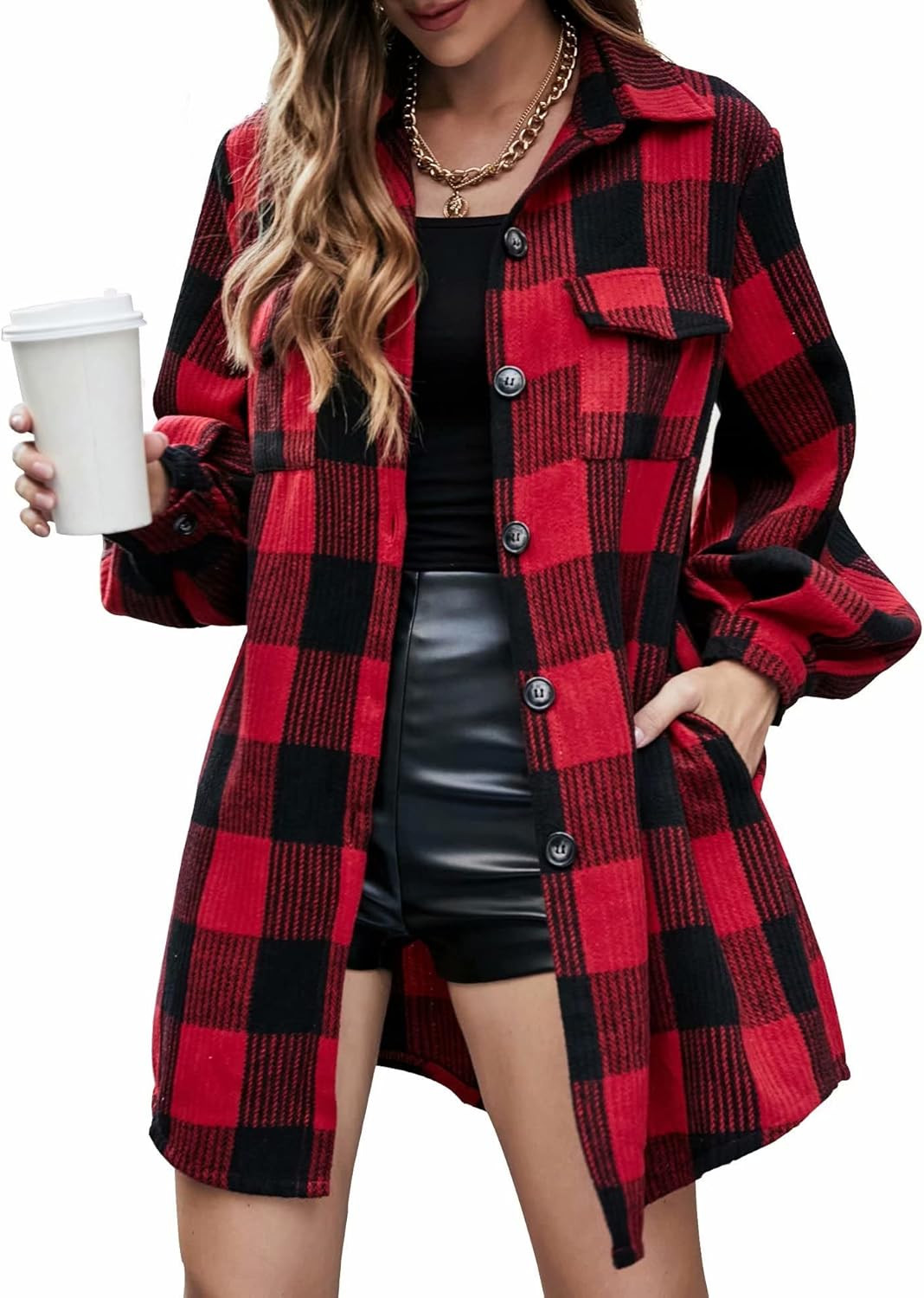 Womens Plaid Flannel Shacket Wrap Jacket Casual Fall Button Down Shirts Long Lantern Sleeve Coats... | Amazon (US)