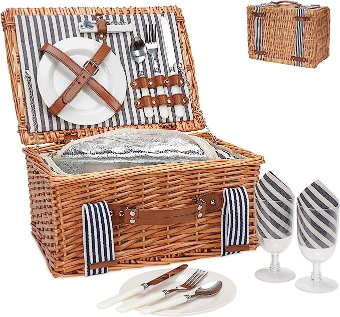 Wicker Picnic Basket Set for 2 Persons,Handmade Willow Picnic Basket with Insulated Cooler & Cutl... | Amazon (US)