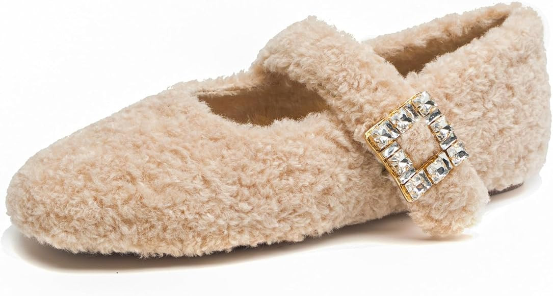 Kluolandi Women's Shearling Ballet Flats with Strap Warm Rabbit Fur Lined Crystal Buckle Mary Jan... | Amazon (US)