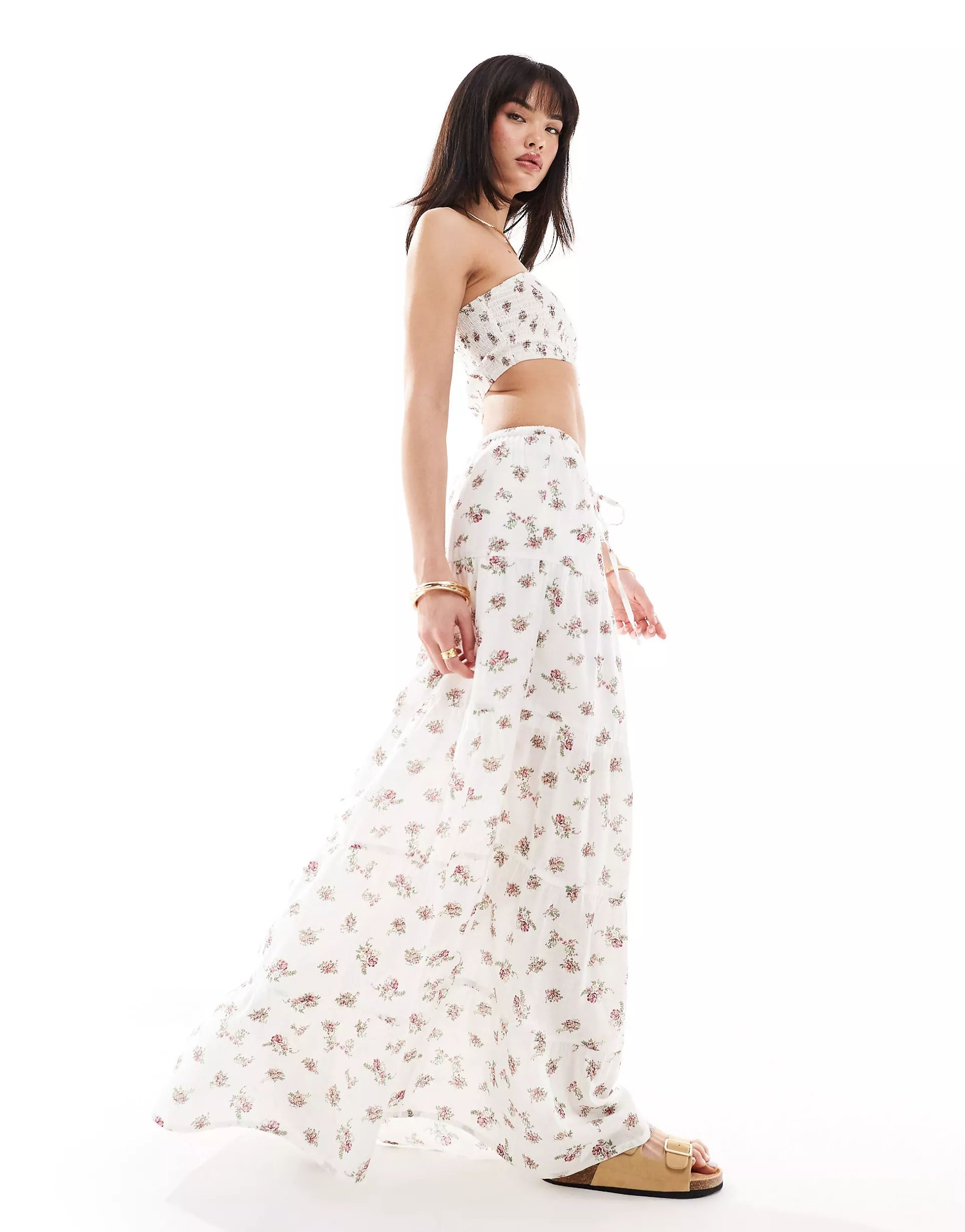 Wednesday's Girl ditsy floral tiered boho maxi skirt in white | ASOS | ASOS (Global)
