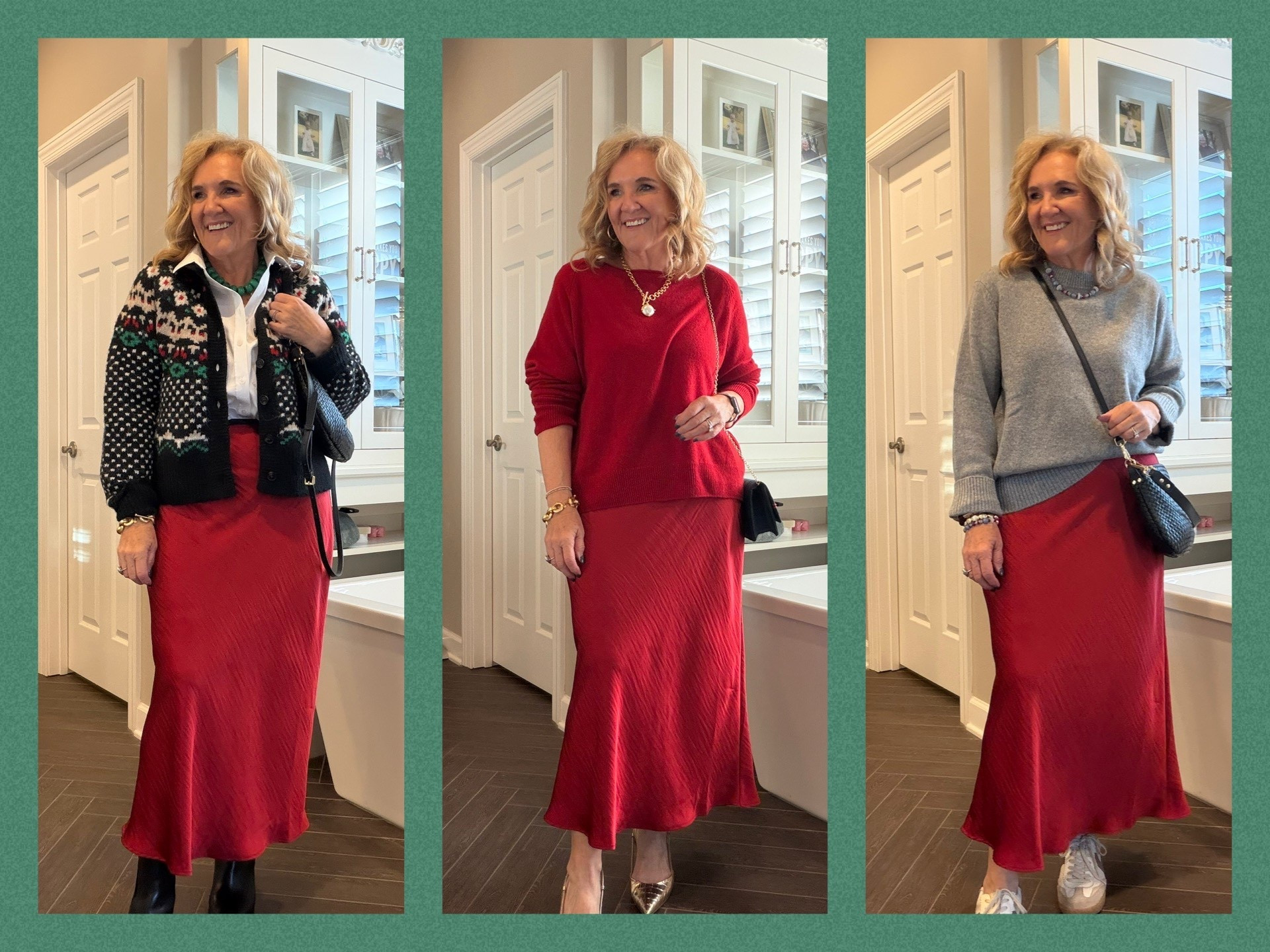 Satin slip skirt I sized down to a small 
Cashmere boatneck size large (regular size works just sized up in this)
White no iron blouse size 1.0
Fair isle cardigan medium 
Brown boat sweater medium 
Leopard bow blouse medium petite 
Cashmere oversized crewneck size medium 
20% off Allie & Bess jewelry code NANETTE20

#LTKOver40 #LTKHoliday #LTKFindsUnder100