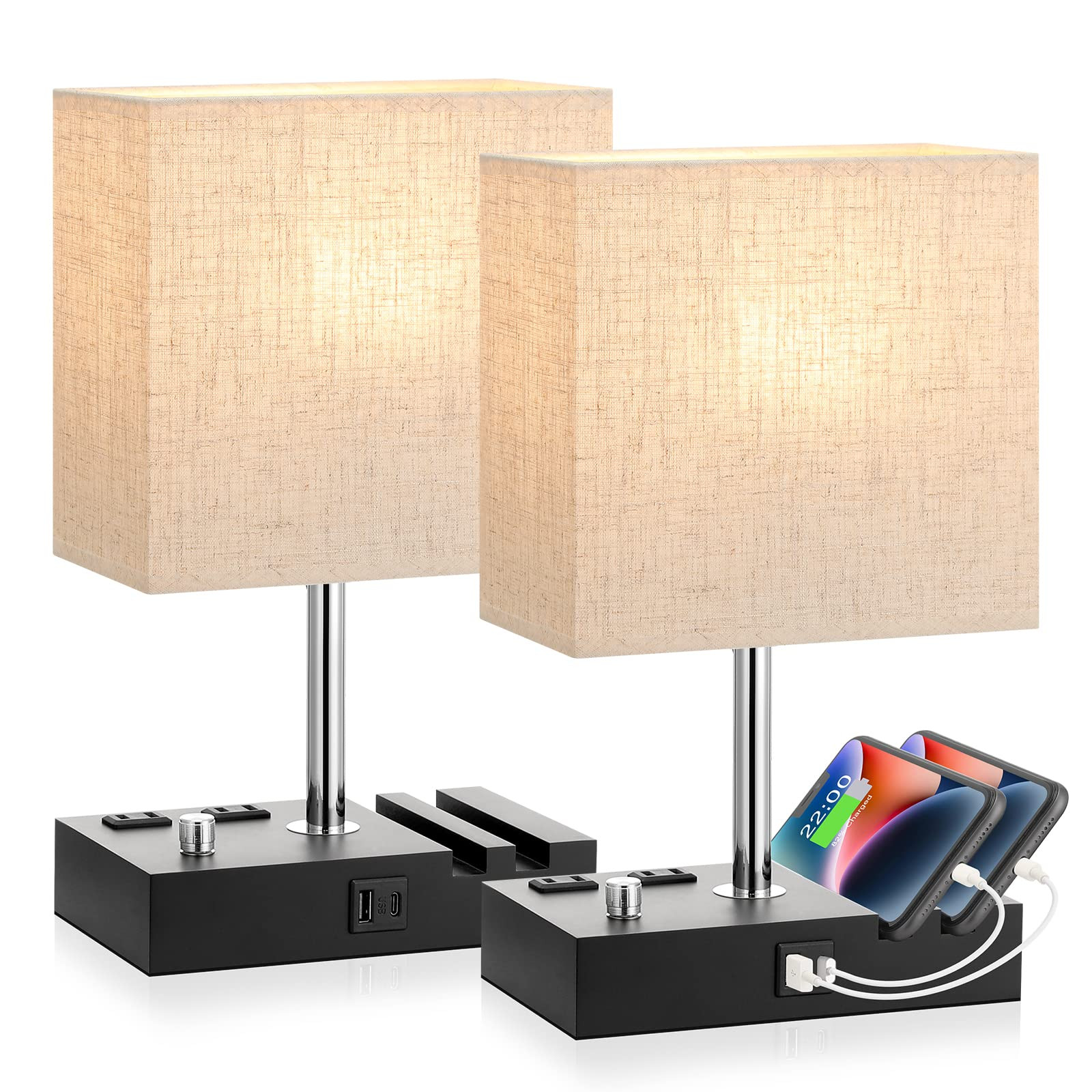 Bedside Lamps for Bedroom Set of 2, Kakanuo Fully Dimmable Small Beige Nightstand Lamps with USB ... | Amazon (US)