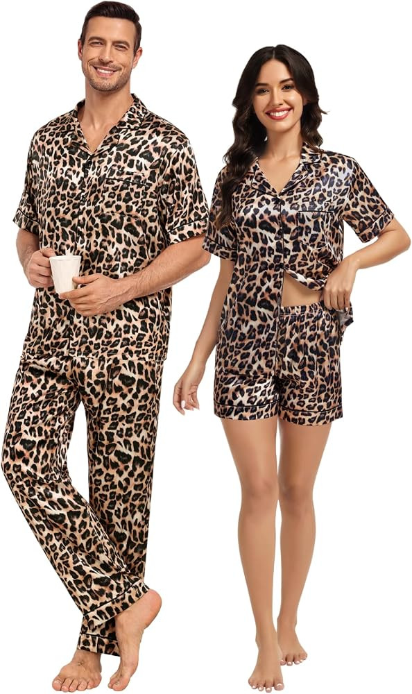 SWOMOG Matching Pajamas for Couples Satin Short Sleeve Sleepwear Women/Men Silk Soft Button Down ... | Amazon (US)