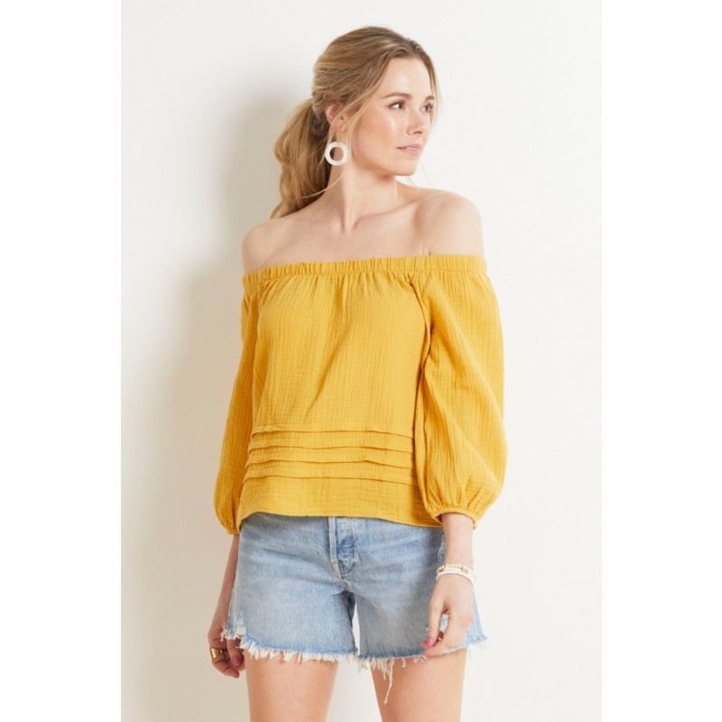 ROAN + RYAN Mira Pleated Gauze Off Shoulder | EVEREVE | Evereve