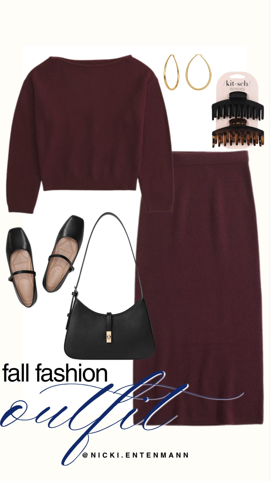 Embrace monochrome elegance with this deep burgundy sweater and matching midi skirt set. Styled with black square-toe Mary Jane flats, a structured black shoulder bag, gold hoop earrings, and Kitsch hair clips, it offers a chic look.

#fallfashion #falloutfit #monochromestyle #preppycasual #outfitinspiration #chicstyle #everydayfashion 

 #LTKootd #LTKmomlife #LTKSeasonal