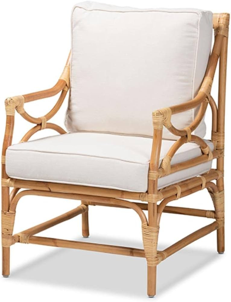 Baxton Studio Brandon Modern Bohemian White Fabric Upholstered and Natural Brown Rattan Armchair | Amazon (US)