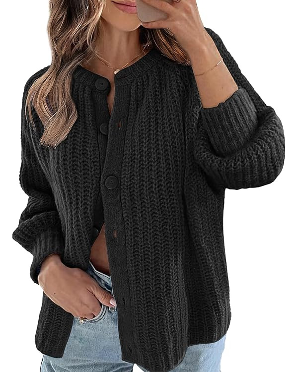 MEROKEETY Women's 2024 Long Sleeve Cardigan Sweater Crew Neck Button Ribbed Open Front Knit Outer... | Amazon (US)