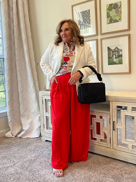 Size XL IN RED TROUSERS
Size XL floral blouse code NANETTE15 15% off your guest order 
White tweed blazer code NANETTE10 10% off. But I like the knit Moto with these trousers better. 

Work outfit, spring outfit 

#LTKSeasonal #LTKunder100 #LTKworkwear