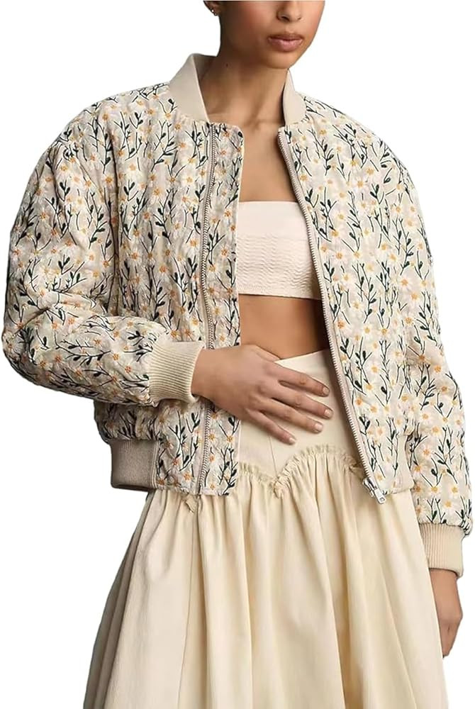 Women's Embroidered Daisy Cropped Bomber Jacket Long Sleeve Zipper Down Coat Outerwear | Amazon (CA)