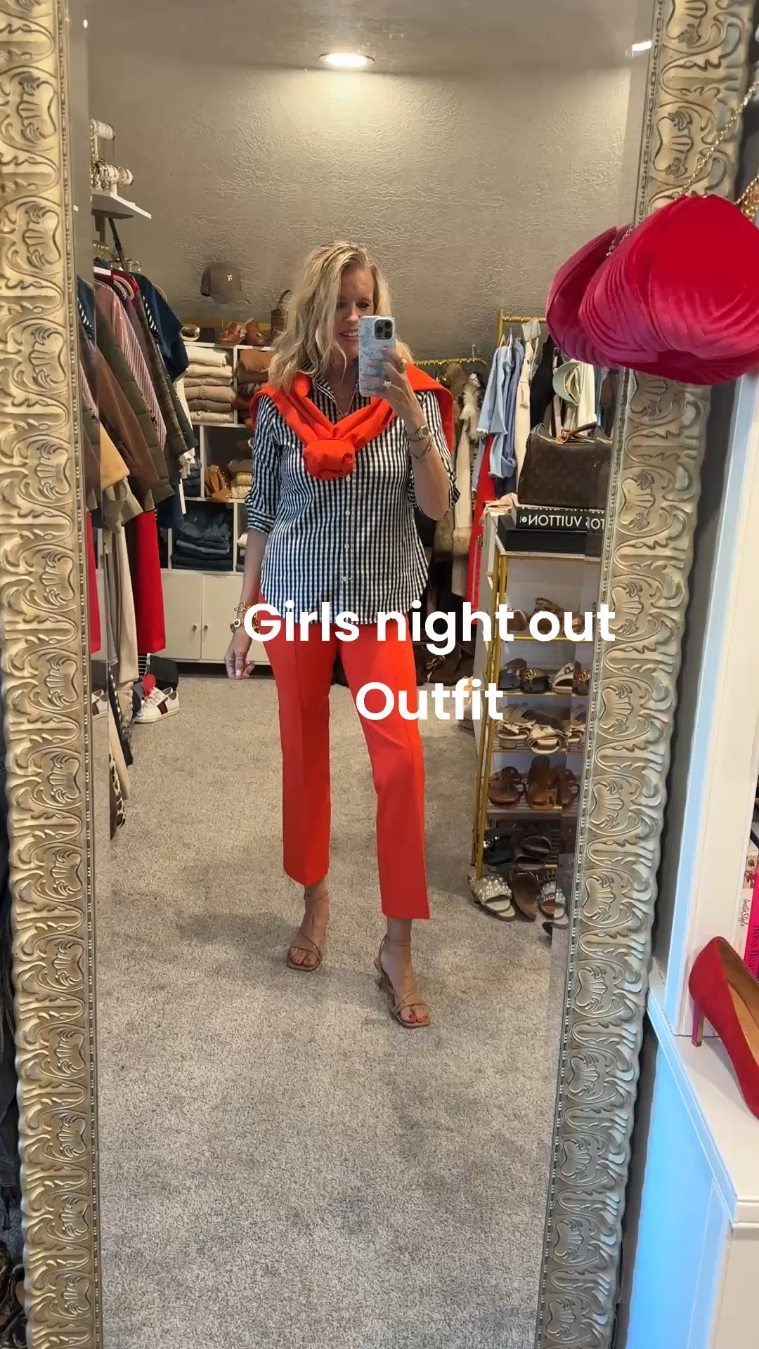 Girls night out
Outfit 

Spanx Ponte front pleat kick flare pull on front tummy panel pant. Fit tts 

⚠️Save 15% off with my code:
Deardarcyxspanx 

Spanx semi cropped back zip sweatshirt tts 

Both pants and sweatpants in color poppy

No iron Navy and white gingham button up 3/4 sleeve  by Chicos fits tts 

Nude ankle strap kitten heal 
Tts and so affordable 

Julie voz jewelry

#LTKootd #LTKOver40 #LTKgrwm