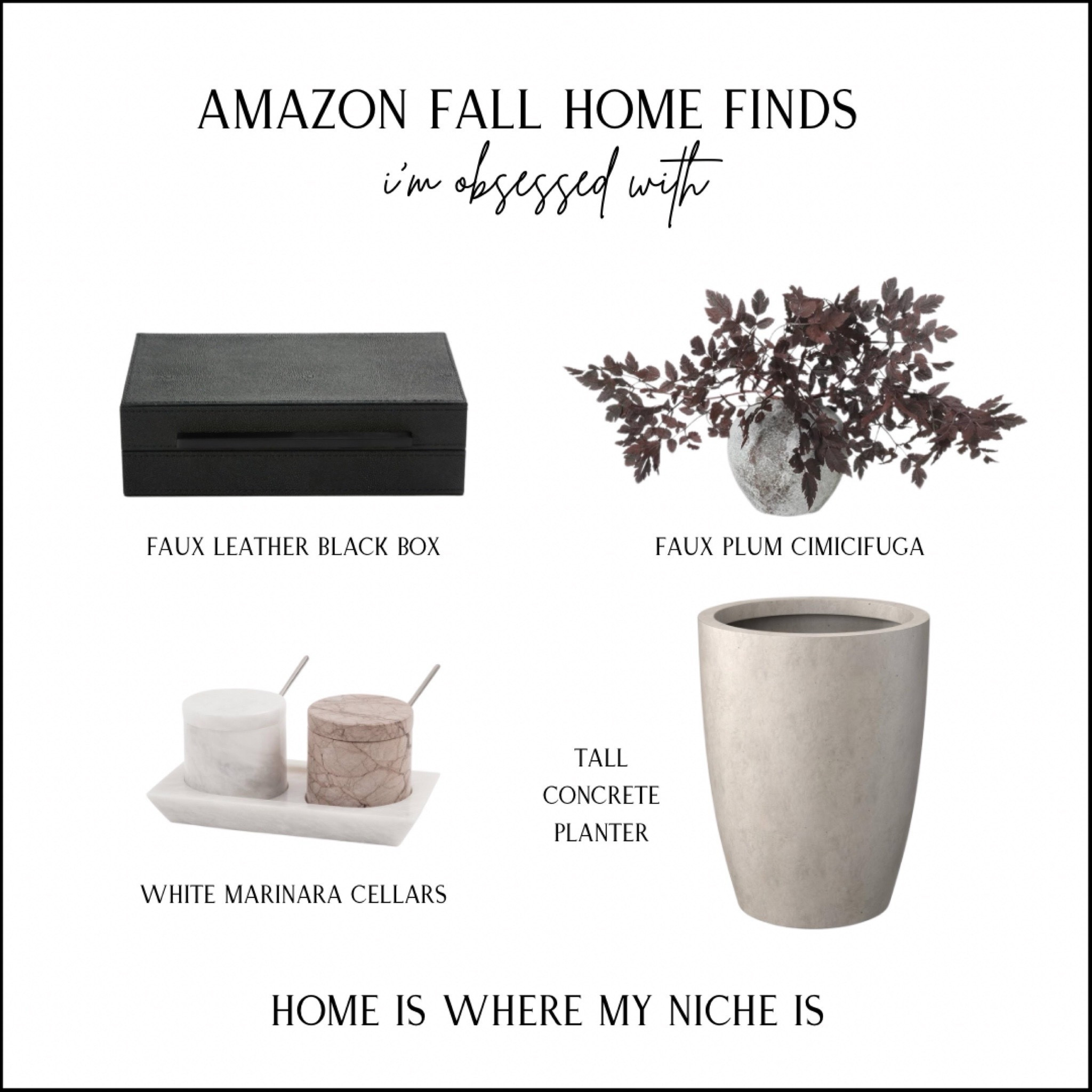 A M A Z O N / fall home finds I’m obsessed with.

+ faux leather black box
+ faux plum chimifuga stems/leaves
+ white & marinara marble salt/sugar cellars
+ tall concrete planter

Amazon Canada | Gifts for Her | Wishlist 

#LTKcanada #LTKautumn #LTKcasa
