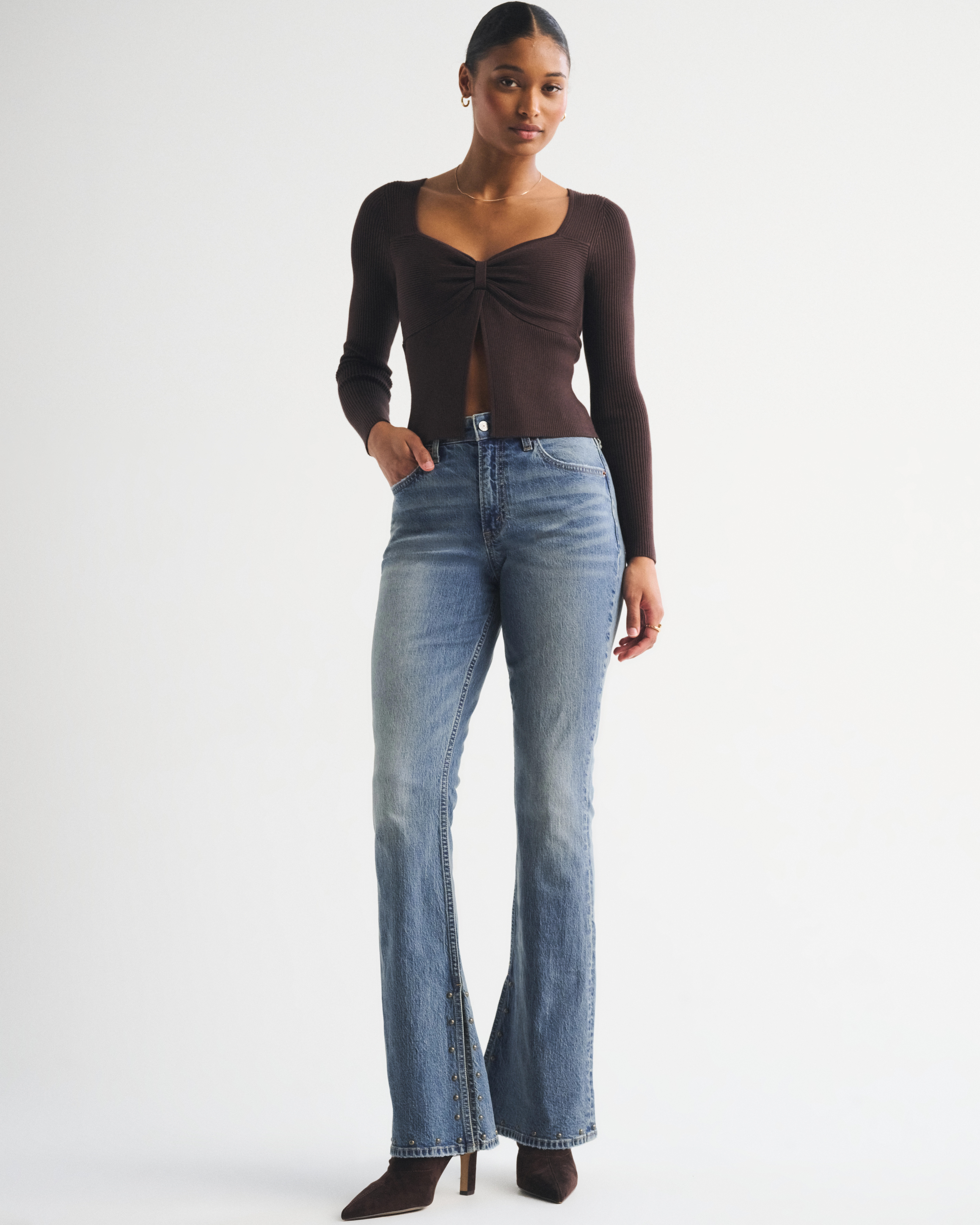Curve Love High Rise Bootcut Studded Split-Vent Hem Jean | Abercrombie & Fitch (US)