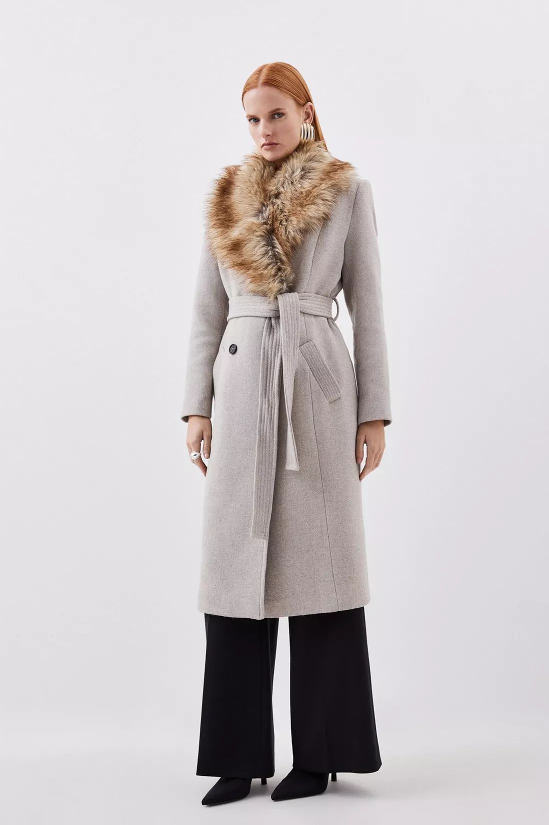 Jackets & Coats | Italian Wool Blend Faux Fur Double Breasted Belted Midi Coat | KarenMillen | Debenhams UK