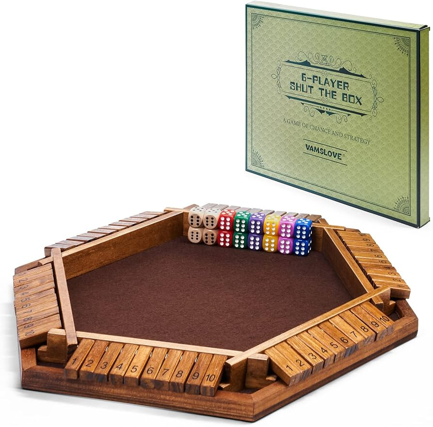 Vamslove Shut The Box Dice Game Wooden Board (L15 x W13) for 1 2 3 4 5 6 Player, 6 Sided 10 Numbe... | Amazon (US)