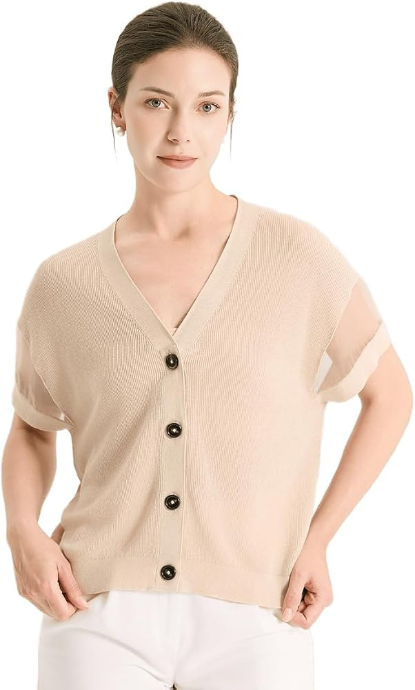 V-Neck Knit Cardigan Women's Luxury Linen Silk Short Sleeve Slim Fit Elegant Sweaters, BY4611484 | Amazon (US)