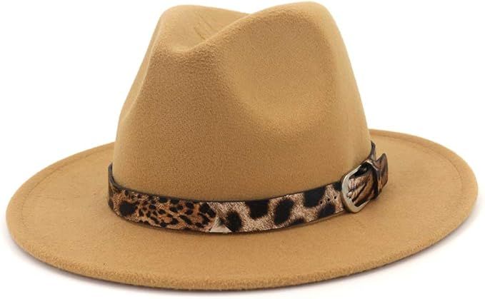 Women's Leopard Felt Panama Hats Classic Wide Brim Fedora with Belt Buckle - (Medium - Large) | Amazon (US)