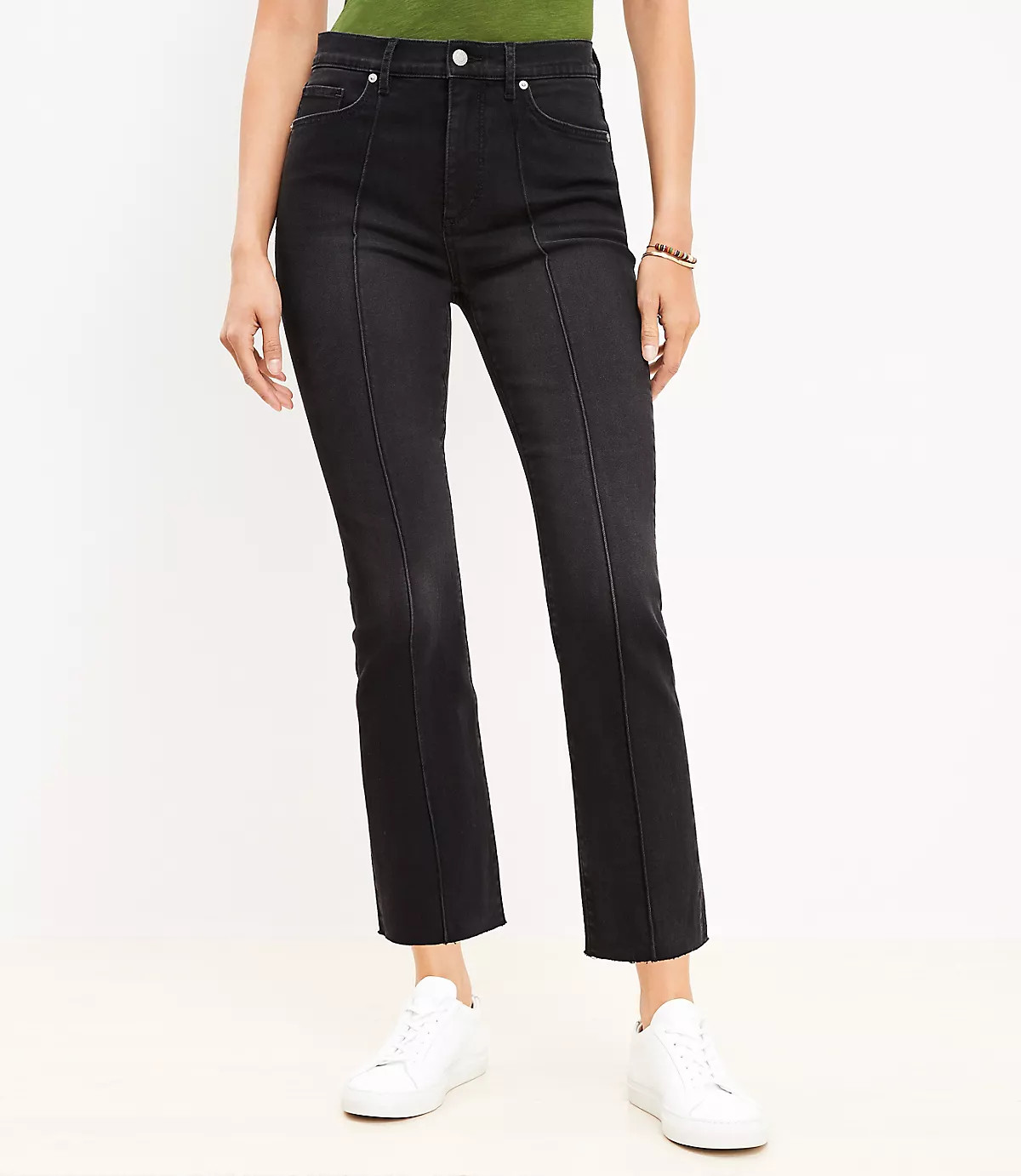 Pintucked Fresh Cut High Rise Kick Crop Jeans in Washed Black | LOFT