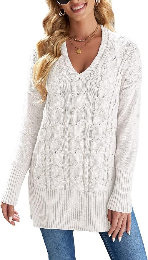 Sidefeel Women Casual V Neck Loose Fit Knit Sweater Pullover Top | Amazon (US)