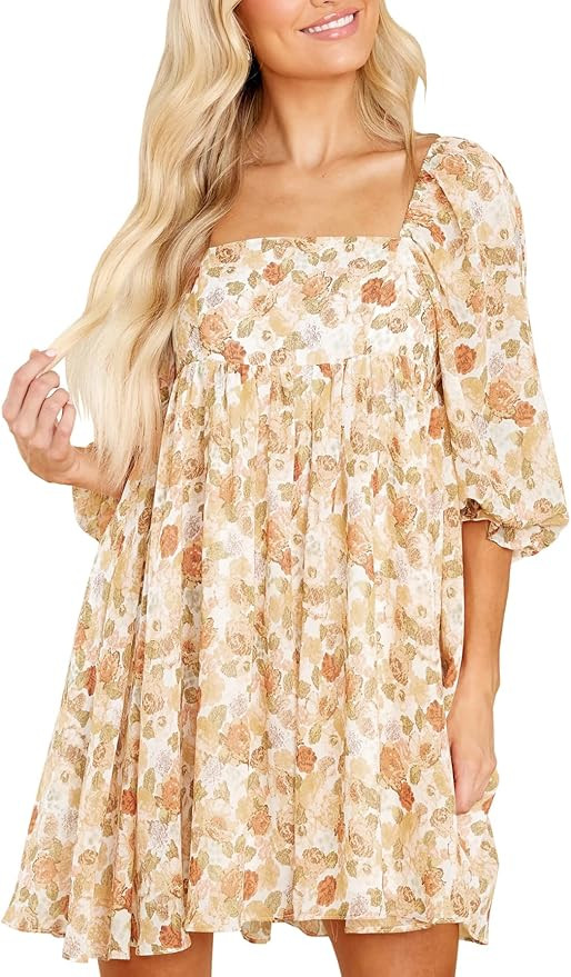 Womens Puff Sleeve Floral Print Dress Babydoll Square Neck A Line High Waist Ruched Summer Mini D... | Amazon (US)