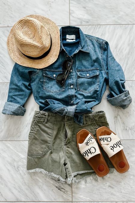 This is one of my go to casual looks when on beach vacation! Love a Chambray top with shorts and Chloe slides! I added in a pair of Quay sunglasses and a cute wide brim J.Crew straw hat for the perfect summer look! 

#LTKSeasonal #LTKfindsunder100 #LTKstyletip