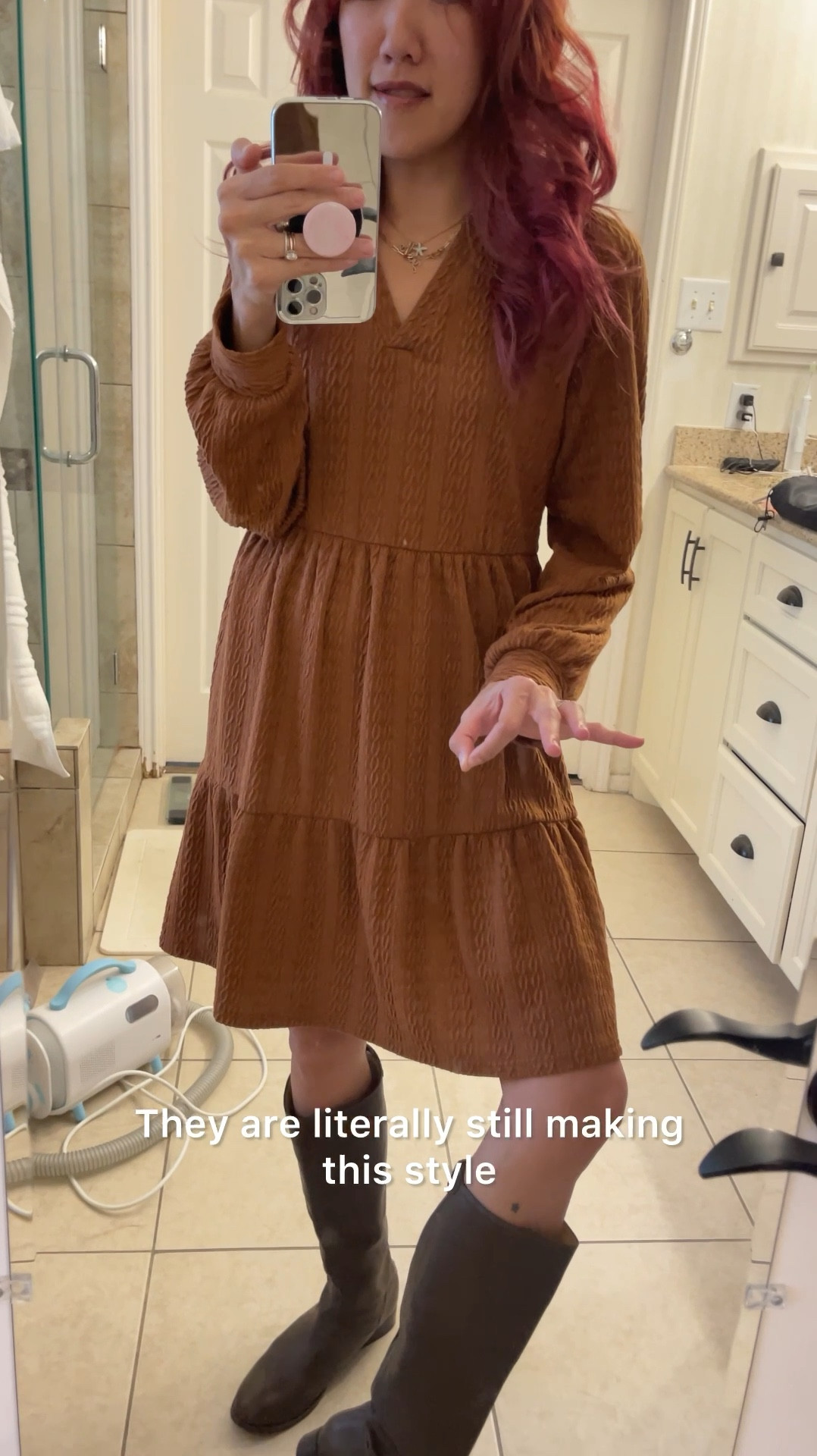 Fall 2024 style tip: Pair tall boots with dresses and skirts / skorts because in. 2025 we aren’t tucking skinnyjeans into tall boots anymore. 

Also, I recommend investing in genuine leather pieces that are well made so that they will stand the test of time. These boots are 18 years old and still in great condition. This exact style is still being produced by Frye boots to this day! They cost a bit more now so I would say my purchase was a wise investment 💅

Update your look by styling new fall sweater dresses  - if it’s still warm where you live, this faux cable knit is lightweight enough to wear to the pumpkin patch even on warm days. 

This season’s color palette is filled with browns, tan, and shades of caramel brown. So i’m going all in with head to toe brown dress and knee high boots. 


#LTKShoeCrush #LTKVideo #LTKStyleTip