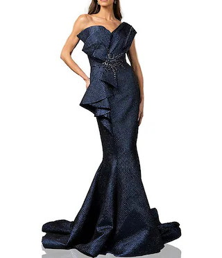 One Shoulder 3D Ruffle Front Front Jacquard Mermaid Gown | Dillard's