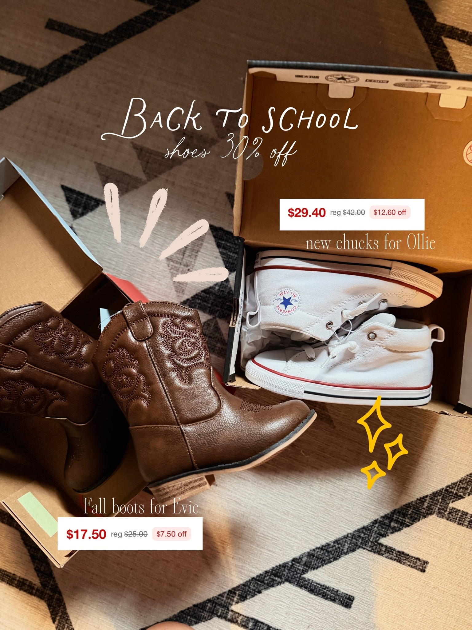 Cutest shoes I grabbed for the kids today! 30% off 🙌🏼🙌🏼 Ollie had these chucks for last year, and he wore them to the ground!!! Went up a size for this new school year. Also couldn’t pass up on Evelyn’s boots — so cute for fall!!! 🤎

Target shoes, kids shoes, target sale, target shoe sales, converse, brown cowboy boots

#LTKKids #LTKSaleAlert #LTKSeasonal