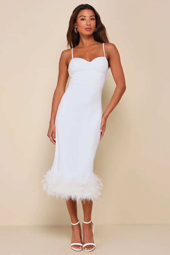 Passion for Glamour White Sleeveless Bustier Feather Midi Dress | Lulus