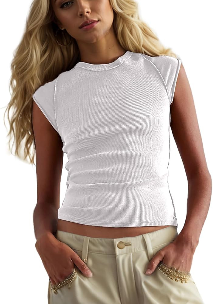 Women Basic Ribbed Knit Cap Sleeve Tops Crewneck Patchwork T Shirt Slim Fit Teen Girls Casual Sum... | Amazon (US)