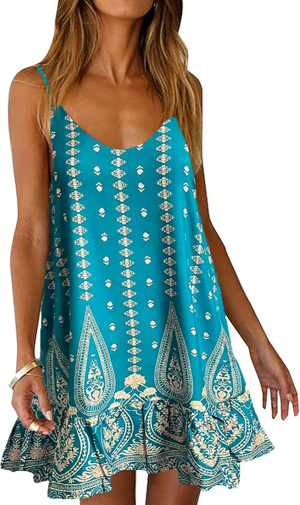 Qearal Womens Sundresses Boho Floral Printed Dress Summer Sleeveless Beach Mini Dress with Pocket... | Amazon (US)
