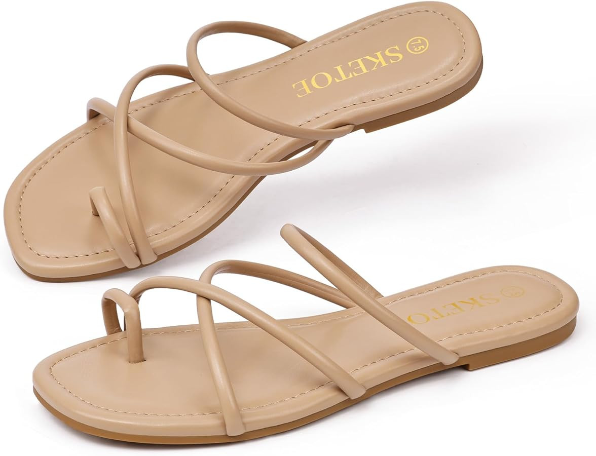Strappy Sandals for Women Square Open Toe Flip Flops Comfortable Flat Sandals Toe Ring Thong Sand... | Amazon (US)