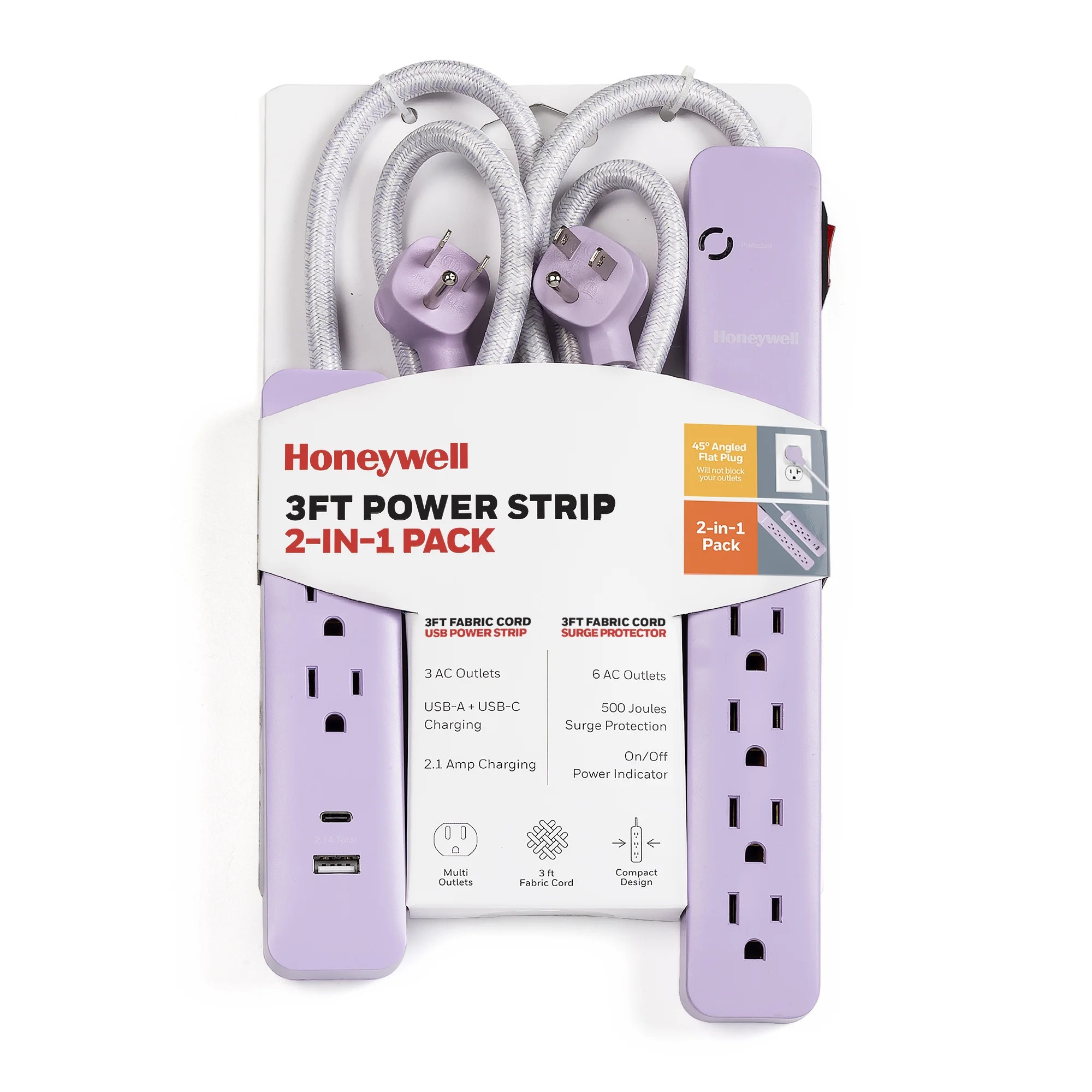 Honeywell 2-in-1 Pack Power Strips - 6 AC Outlets Surge + 3 AC 2 USB Strip (1 USB-A + 1 USB-C 2.1... | Walmart (US)
