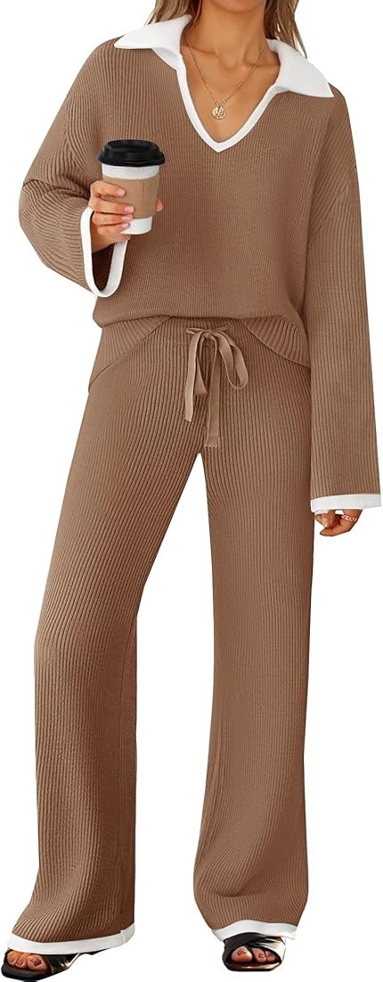 ZESICA Women's Two Piece Sweater Lounge Sets Fall Winter Oversized Knit Pullover Wide Leg Pants O... | Amazon (US)