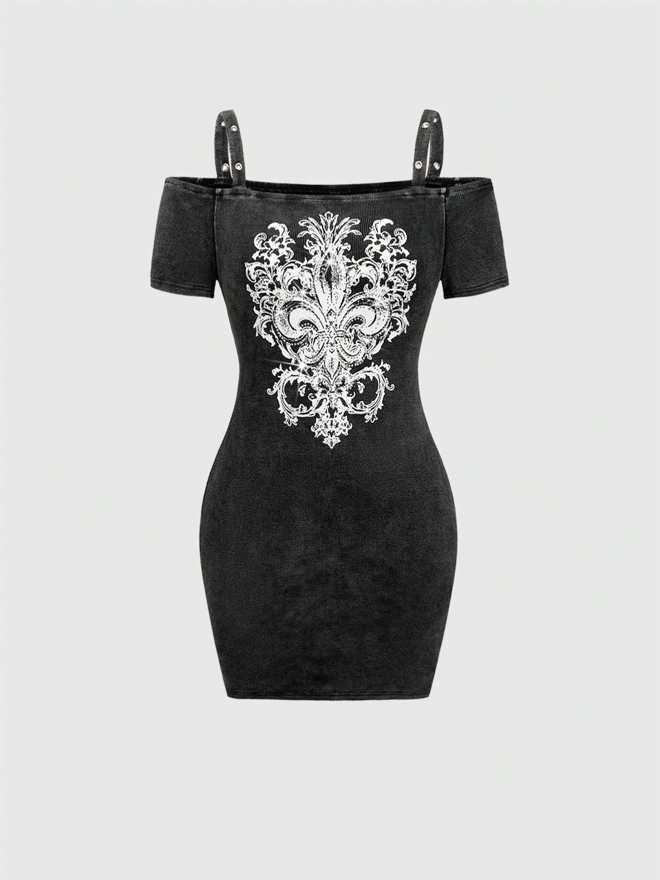 ROMWE Goth Vintage PUNK Washed Acid Wash Tight Fit Heart Print Off Shoulder Bodycon Mini Dress | SHEIN