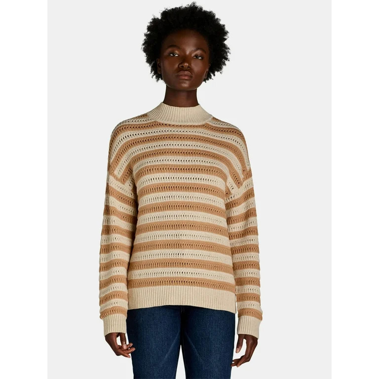 Time and Tru Women's Striped Mock Neck Sweater, Midweight, Size XS-XXXL | Walmart (US)