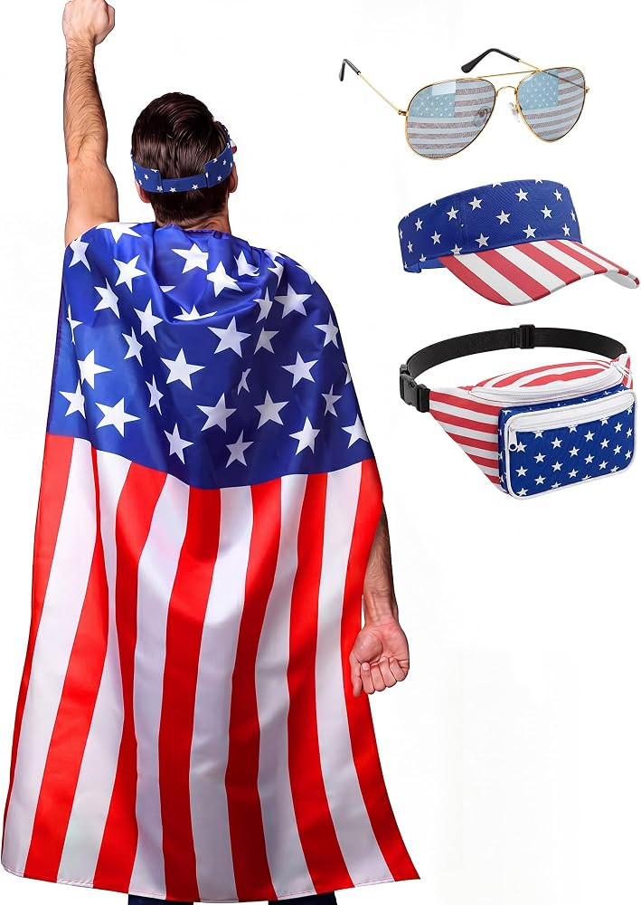Mepase 4 Pcs American Flag Costume Set, 250th 4th of July Retro 80's USA Cape Hat Sunglasses Flag... | Amazon (US)