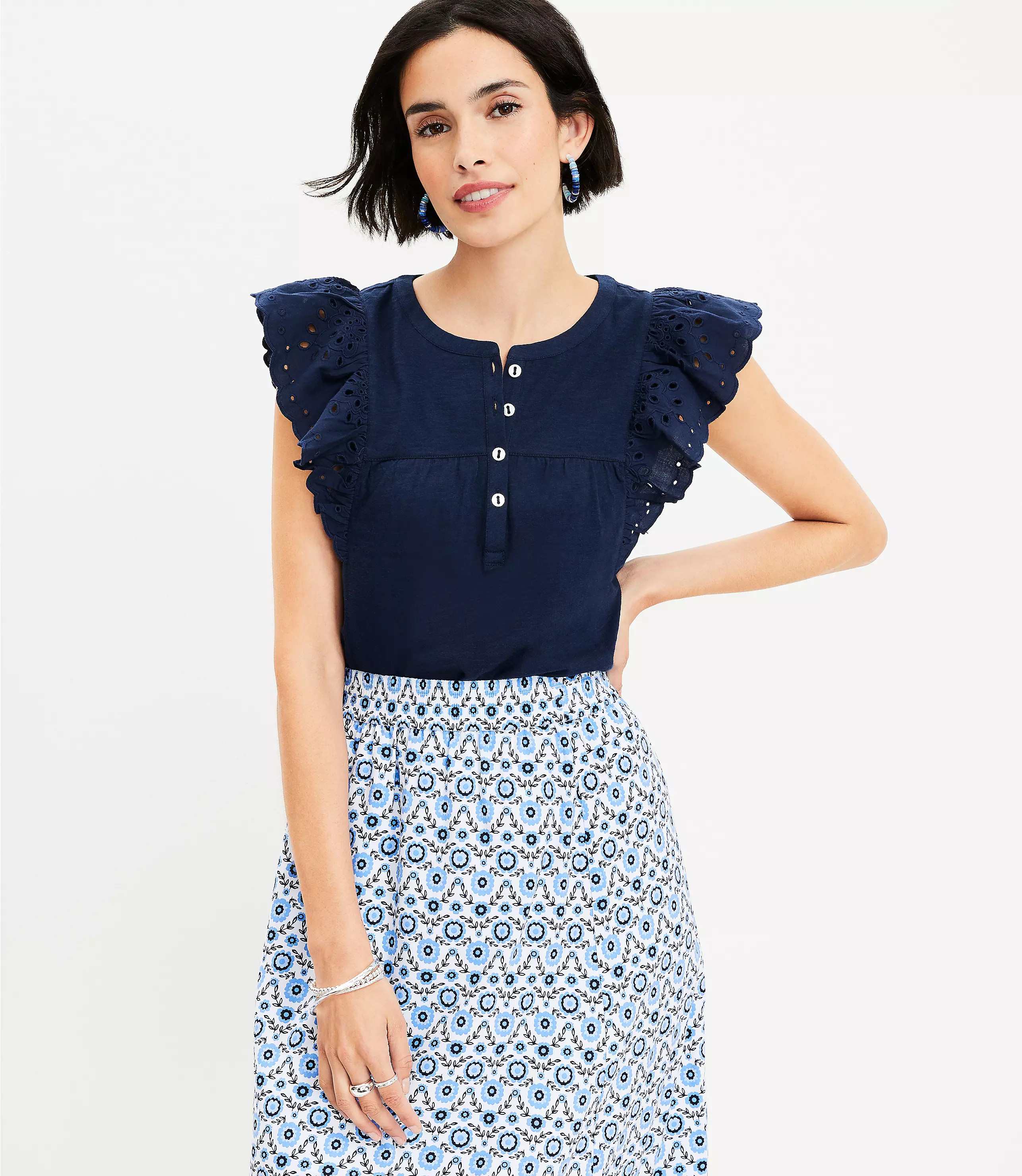 Eyelet Flutter Henley Mixed Media Top | LOFT
