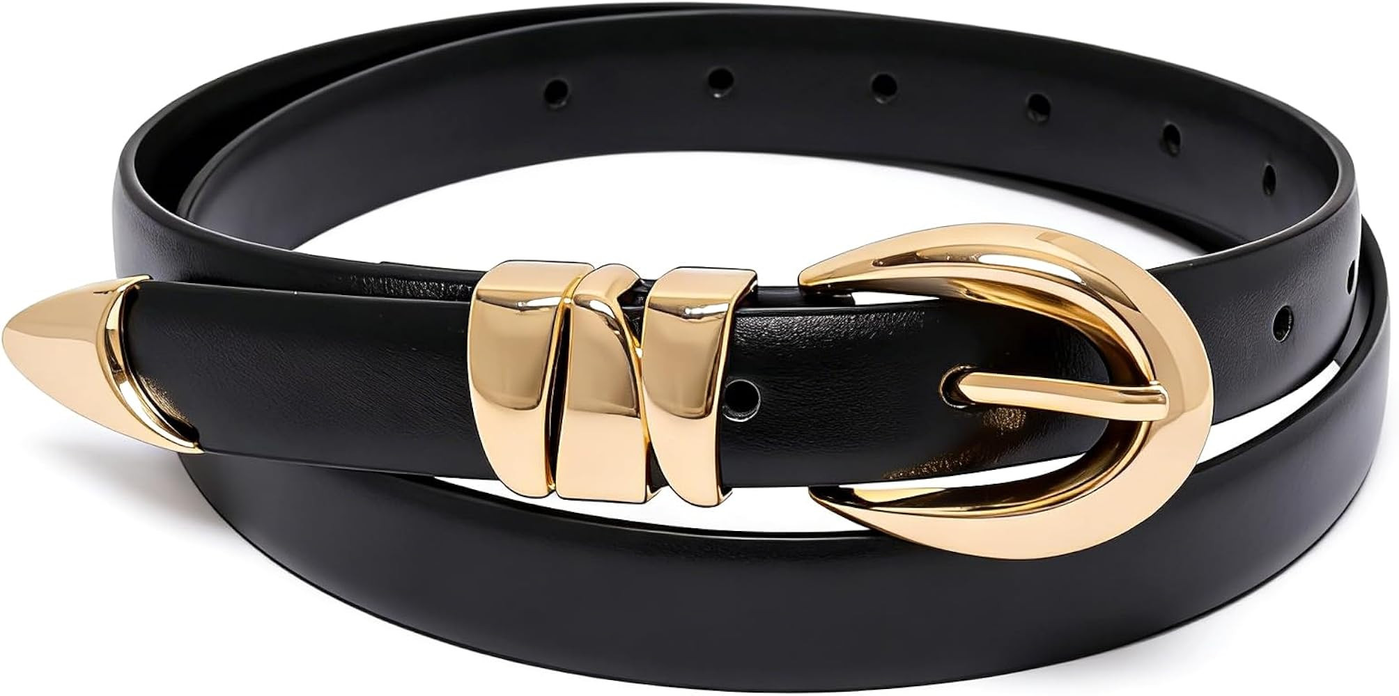 1 cinturón de cuero negro para mujer, cintura fina, de piel sintética, con hebillas ajustables ... | Amazon (US)