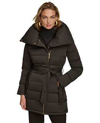 Donna Karan New York Women's Belted Asymmetric Puffer Coat - Macy's | Macy's